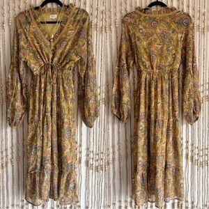 World Market Boho Floral Peasant Long Sleeve Tiered V Neck 
 Yellow Maxi Dress